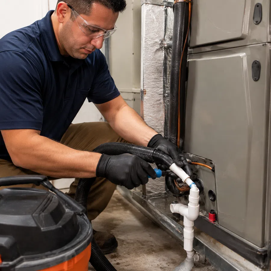 Technician wearing gloves and safety glasses using a vacuum to clean HVAC system pipes indoors.