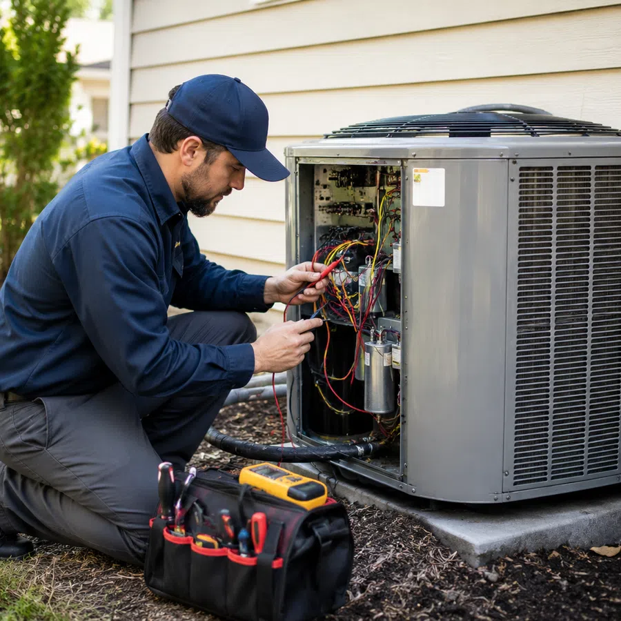 Technician in blue uniform repairing outdoor air conditioning unit with tools and multimeter in residential backyard.