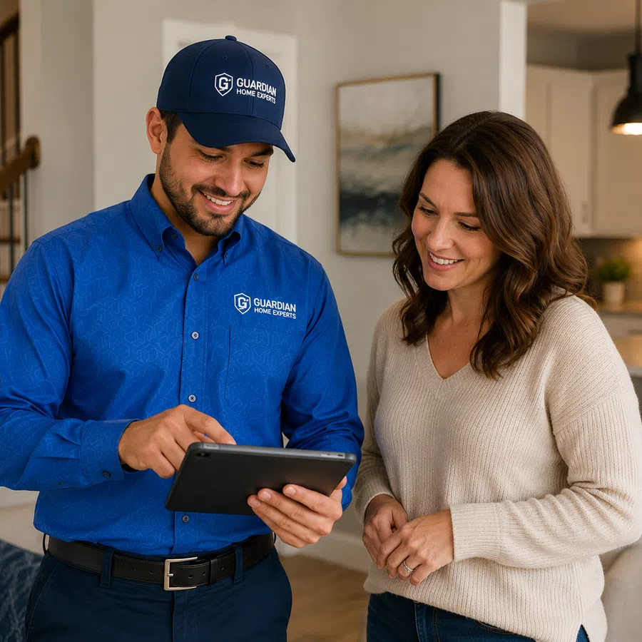 Home expert in blue uniform showing tablet information to smiling woman in cozy modern kitchen.