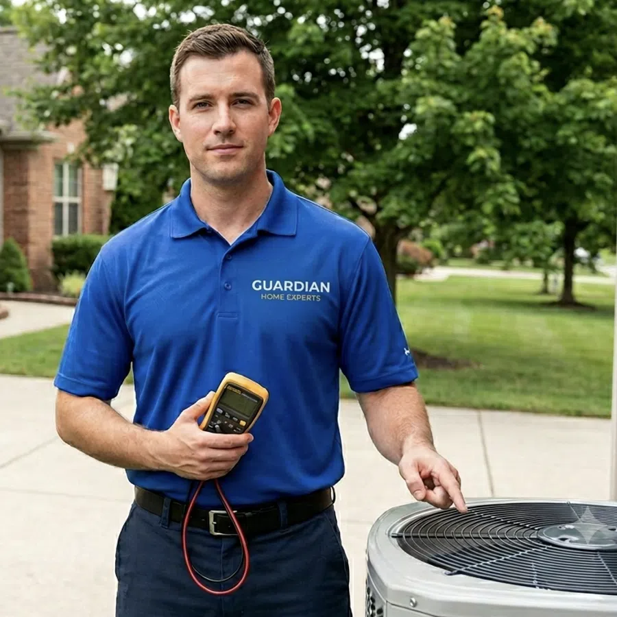 Technician in blue Guardian Home Experts shirt holding device inspecting outdoor air conditioning unit near brick house.