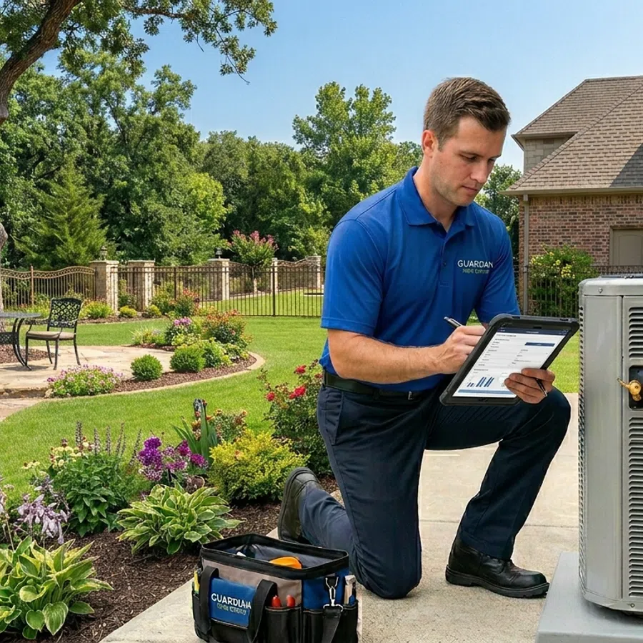 Technician in blue uniform inspecting outdoor air conditioning unit in a landscaped backyard with trees and patio furniture