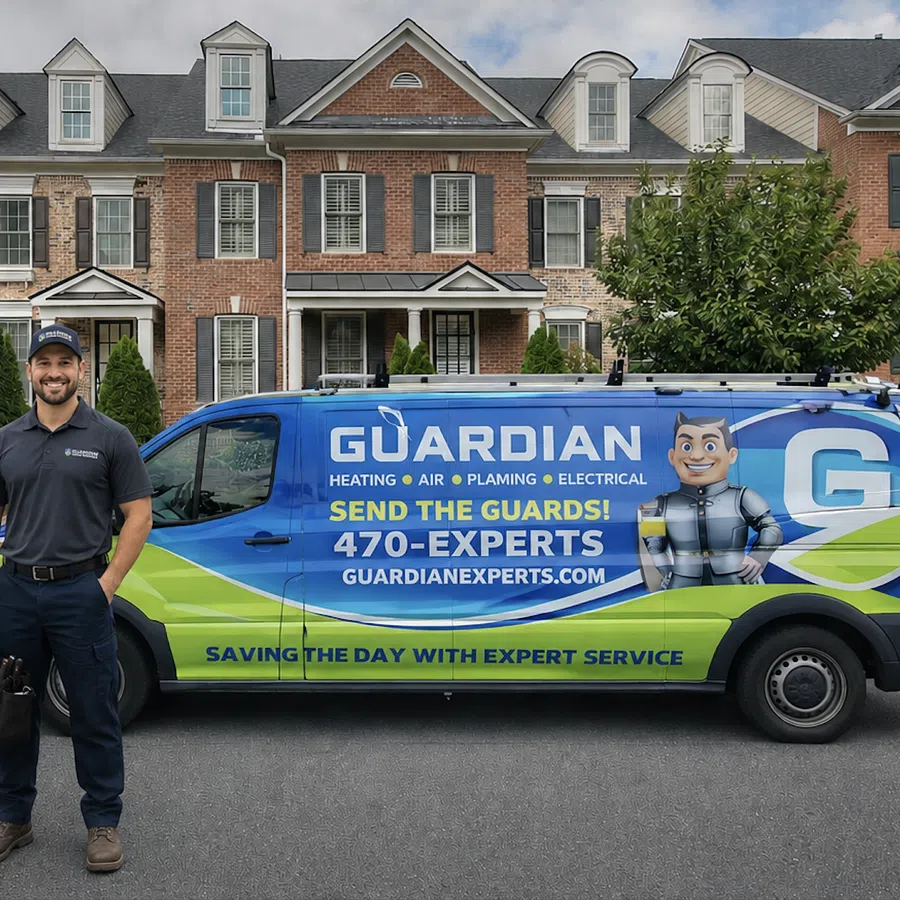 Male technician in uniform poses with toolkit beside a Guardian service van in a suburban neighborhood.