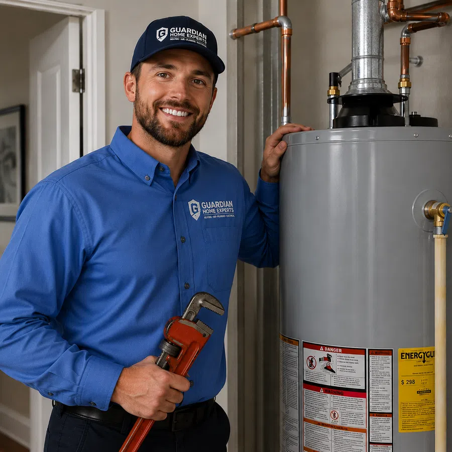 Technician in blue shirt and cap holding wrench by a water heater with pipes in a home interior.
