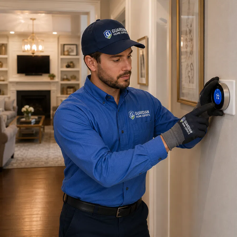 Technician from Guardian Home Experts adjusts a smart thermostat displaying 72 degrees in a modern home hallway.