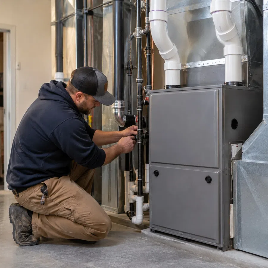 Professional furnace installation in Marietta, GA with an HVAC technician installing residential heating equipment