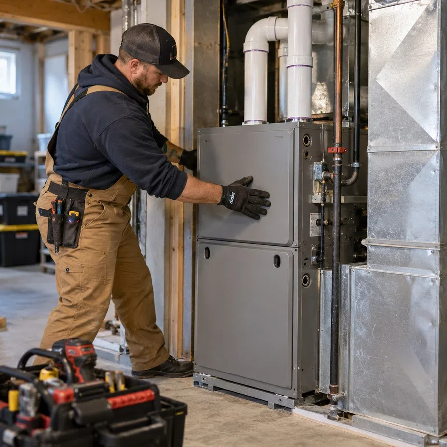 Skilled furnace installation in Euharlee, GA with an HVAC technician setting up new residential heating equipment