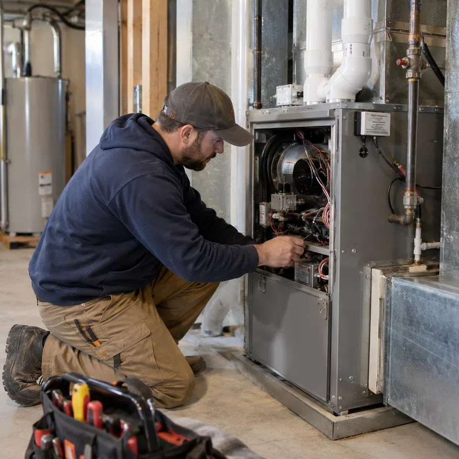Experienced furnace installation in Hiram, GA with an HVAC technician setting up new residential heating equipment