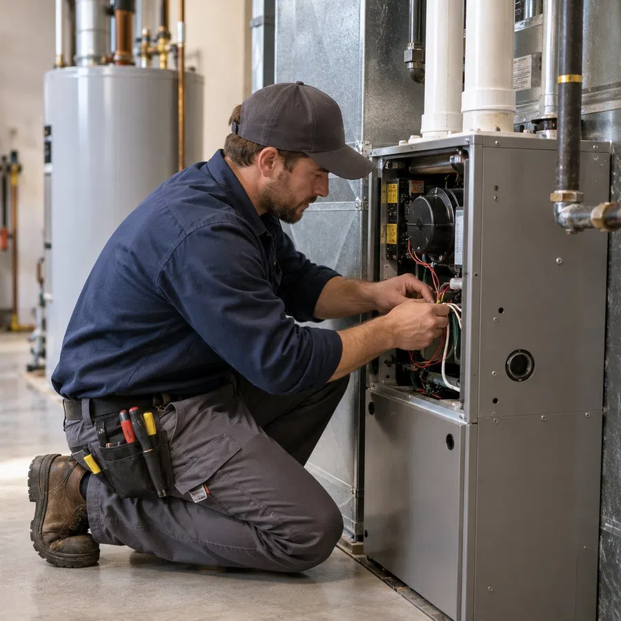 Dependable furnace installation in Cartersville, GA with an HVAC technician installing new residential heating equipment