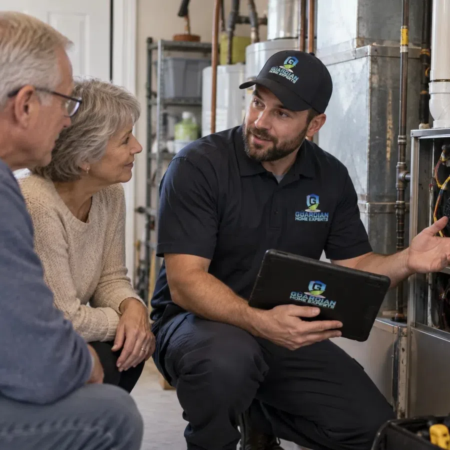Dependable furnace repair in Cartersville, GA with an HVAC technician inspecting a residential heating system