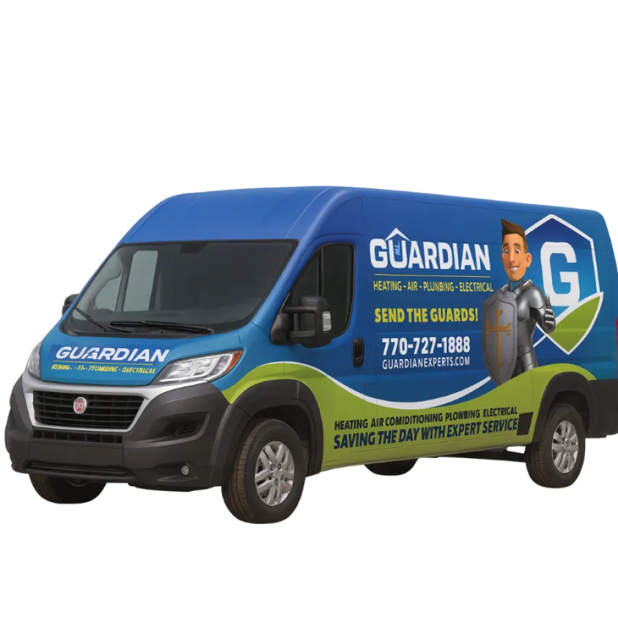 Blue and green Guardian service van with heating, air, plumbing, and electrical branding and contact information.