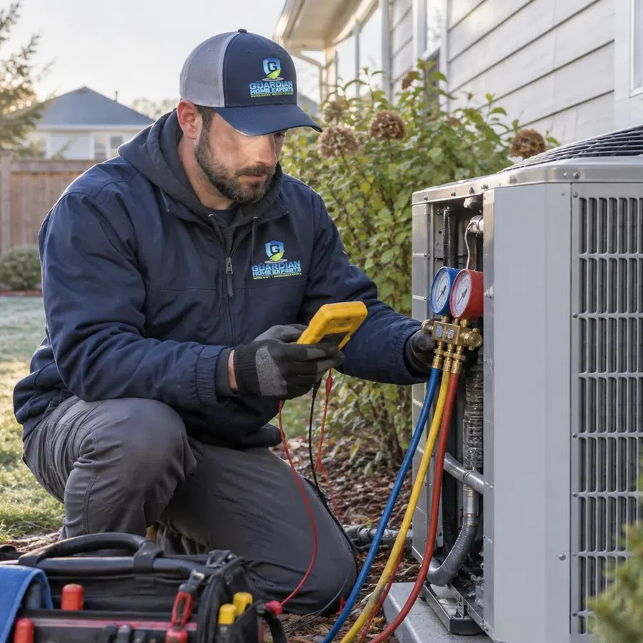 Professional heat pump repair in Marietta, GA performed by an HVAC technician diagnosing residential heating and cooling equipment