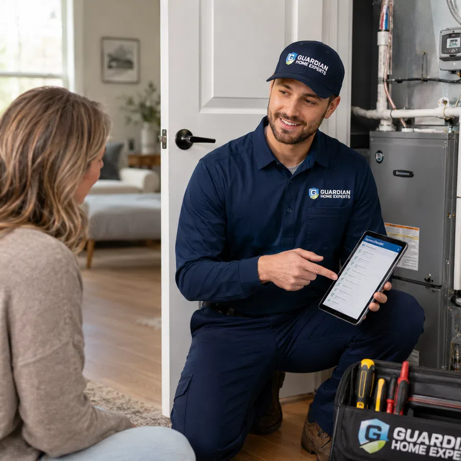 Technician from Guardian Home Experts explaining furnace inspection results to a homeowner inside her living room.