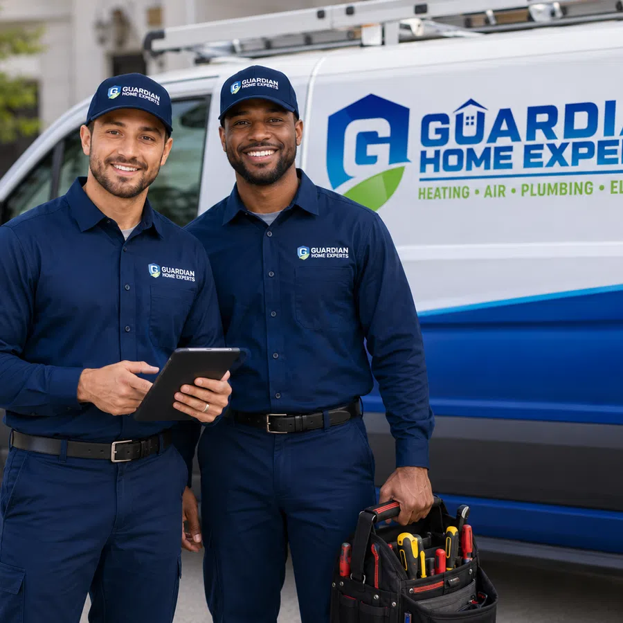 Two Guardian Home Experts technicians in uniform smiling in front of a branded service van with tools and tablet.