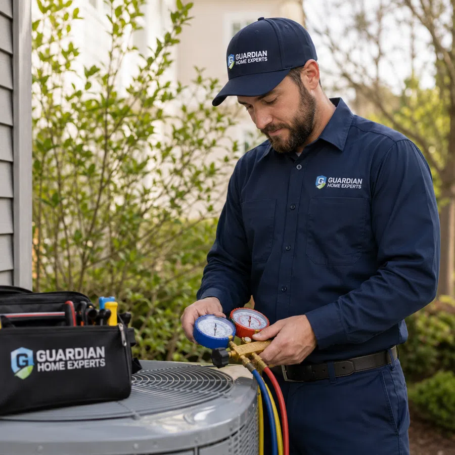 Technician in Guardian Home Experts uniform checking HVAC system pressure gauges outdoors.