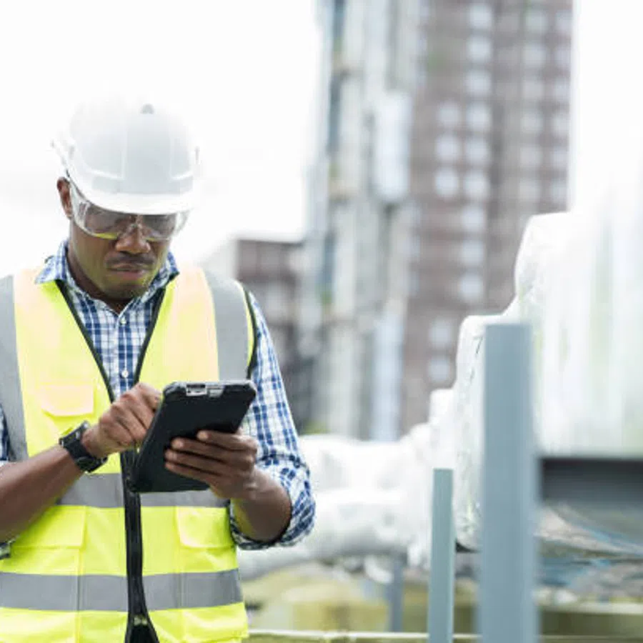 Construction worker in safety gear using a digital tablet at an urban building site during daytime