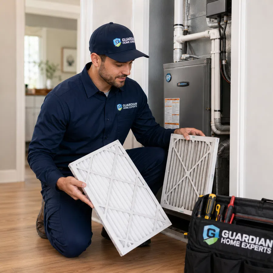 Technician from Guardian Home Experts replacing dirty HVAC air filter with a clean one in a residential furnace.