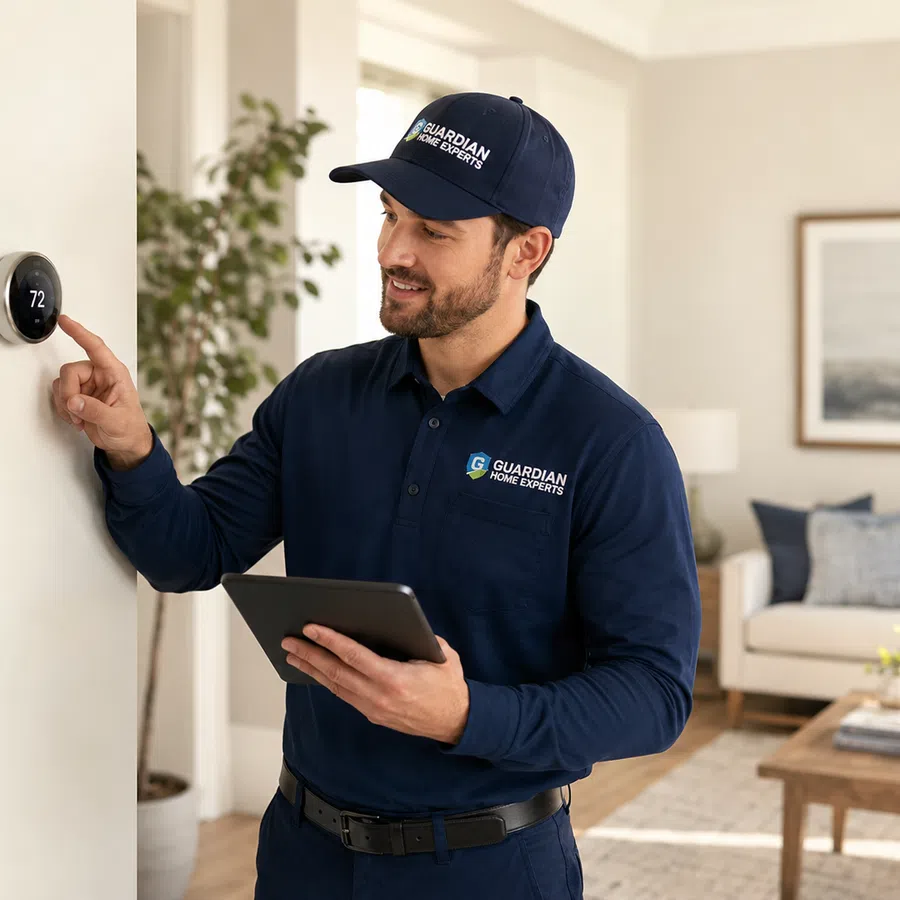 Technician from Guardian Home Experts adjusts a smart thermostat in a modern living room with tablet in hand.