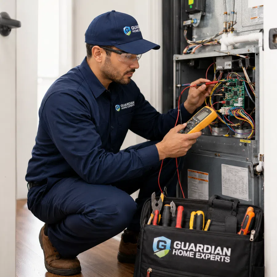Technician in uniform using multimeter to repair HVAC system inside a home with tools nearby.