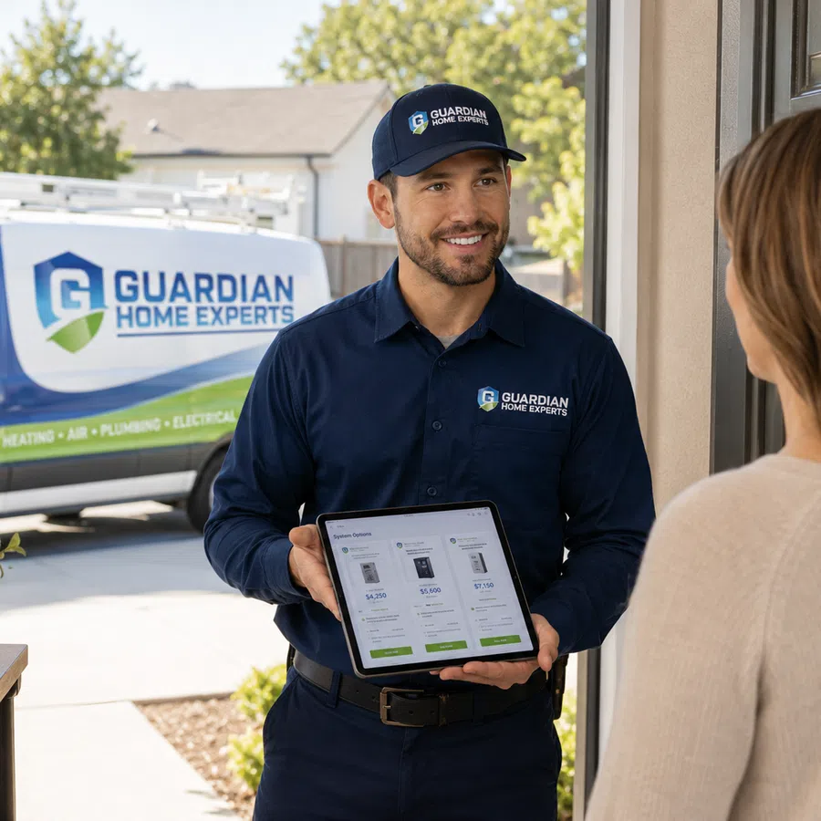 Guardian Home Experts technician shows energy system options on a tablet to a woman at her door.