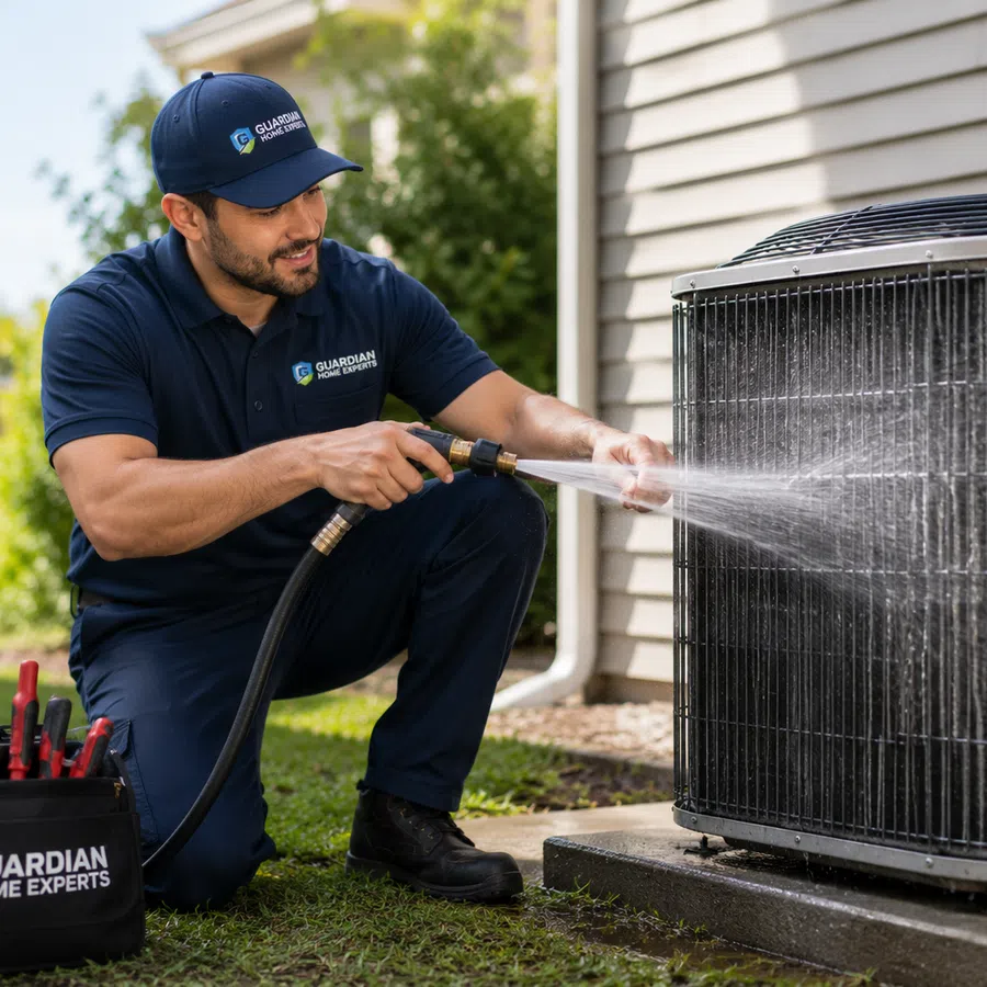 Technician from Guardian Home Experts cleaning an outdoor air conditioning unit with water hose beside house.