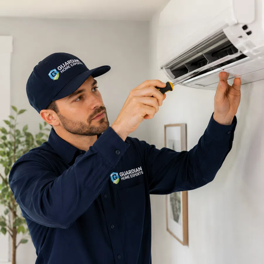 Technician in blue uniform repairing a wall-mounted air conditioner with a screwdriver inside a modern home.