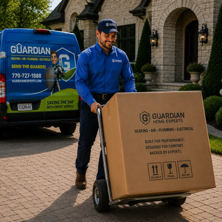 Guardian Home Experts technician delivering a large package at a residential home with branded van in background