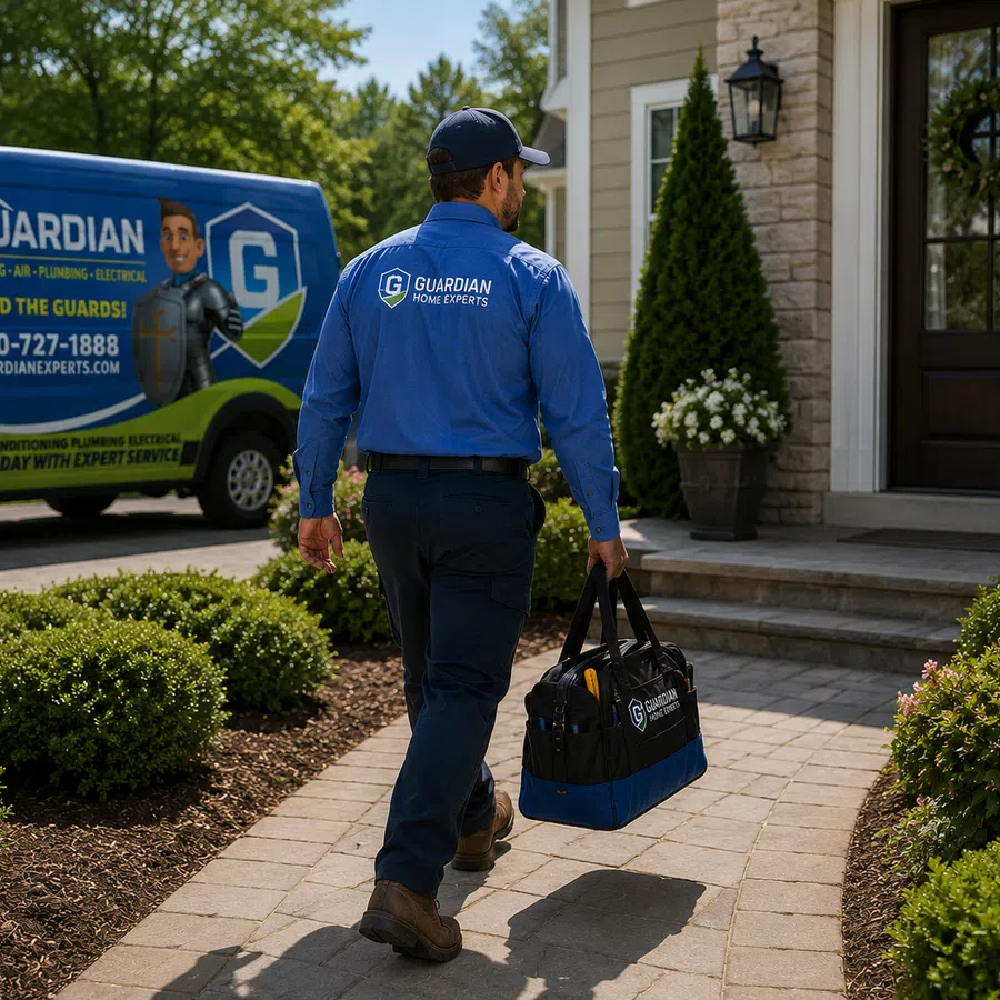 Technician in Guardian Home Experts uniform walking to a house with a tool bag beside a branded service van.