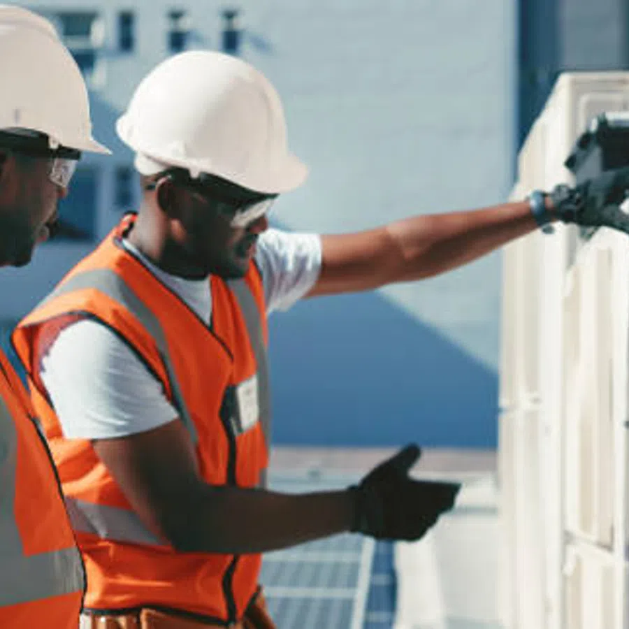Two construction workers in hard hats and orange vests inspecting HVAC units on a rooftop during daytime.