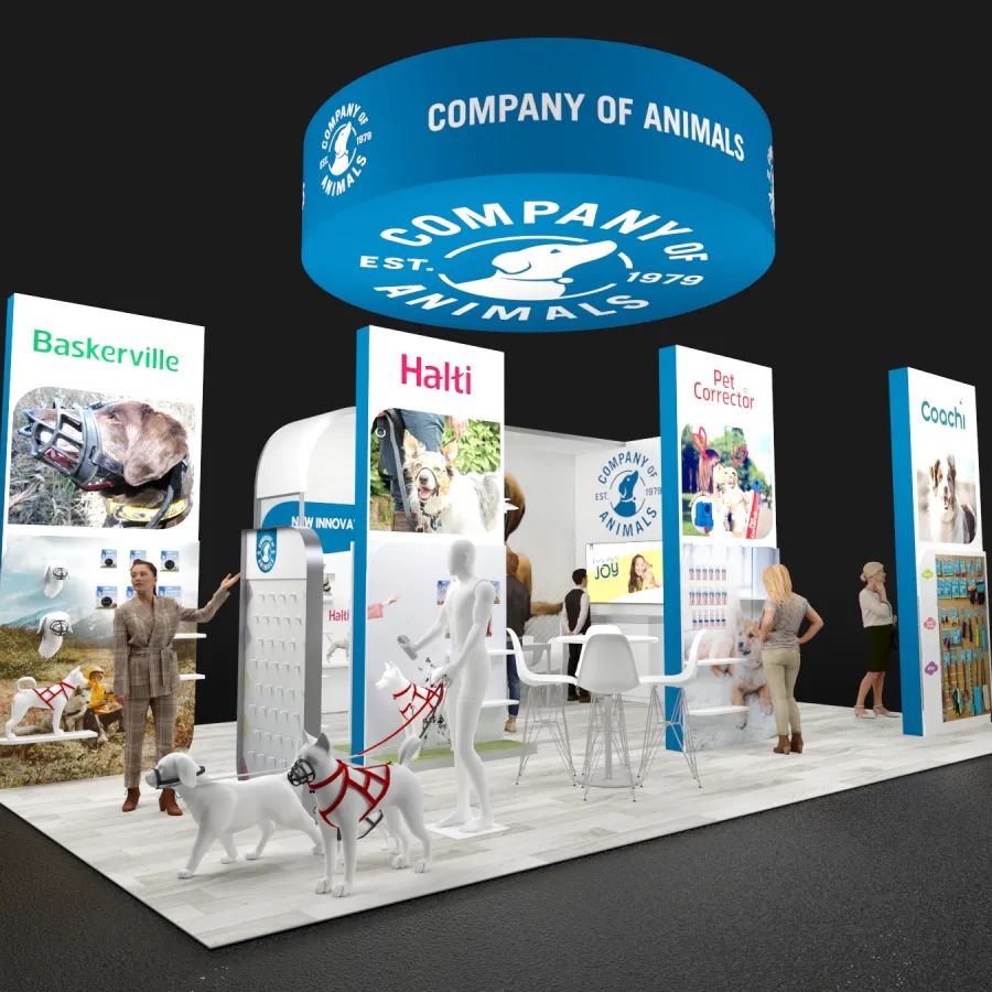 Exhibition booth for Company of Animals with displays for Baskerville, Halti, Pet Corrector, and Coach products.