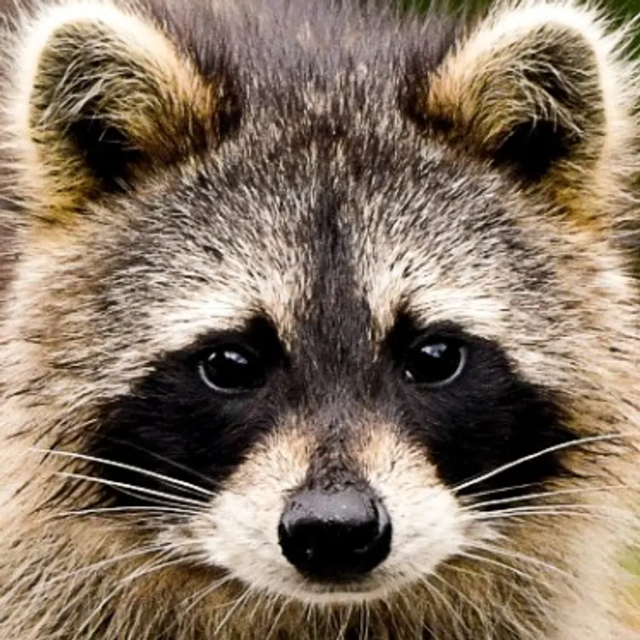 Close-up of a raccoon's face showing detailed fur, dark eye patches, and whiskers in natural light