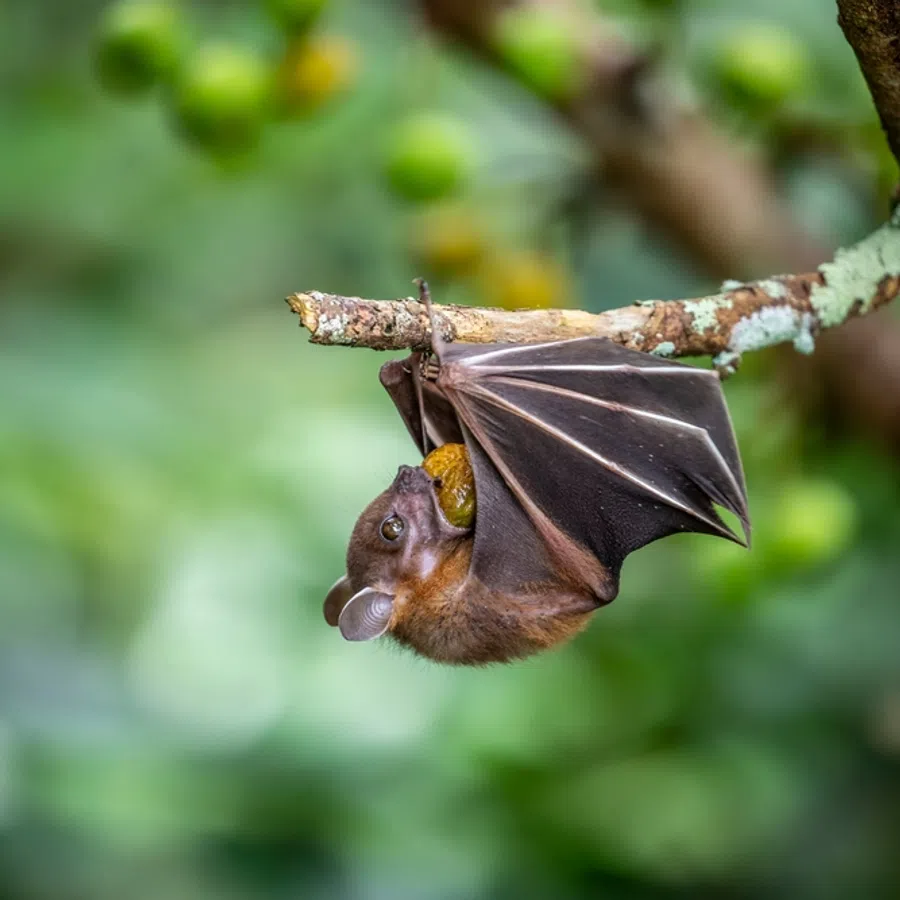 Fruit bat hanging upside down on a mossy tree branch eating fruit in green forest background