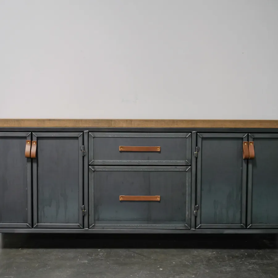 Industrial style sideboard with black metal frame, wooden top, leather handles, and four-door storage design.