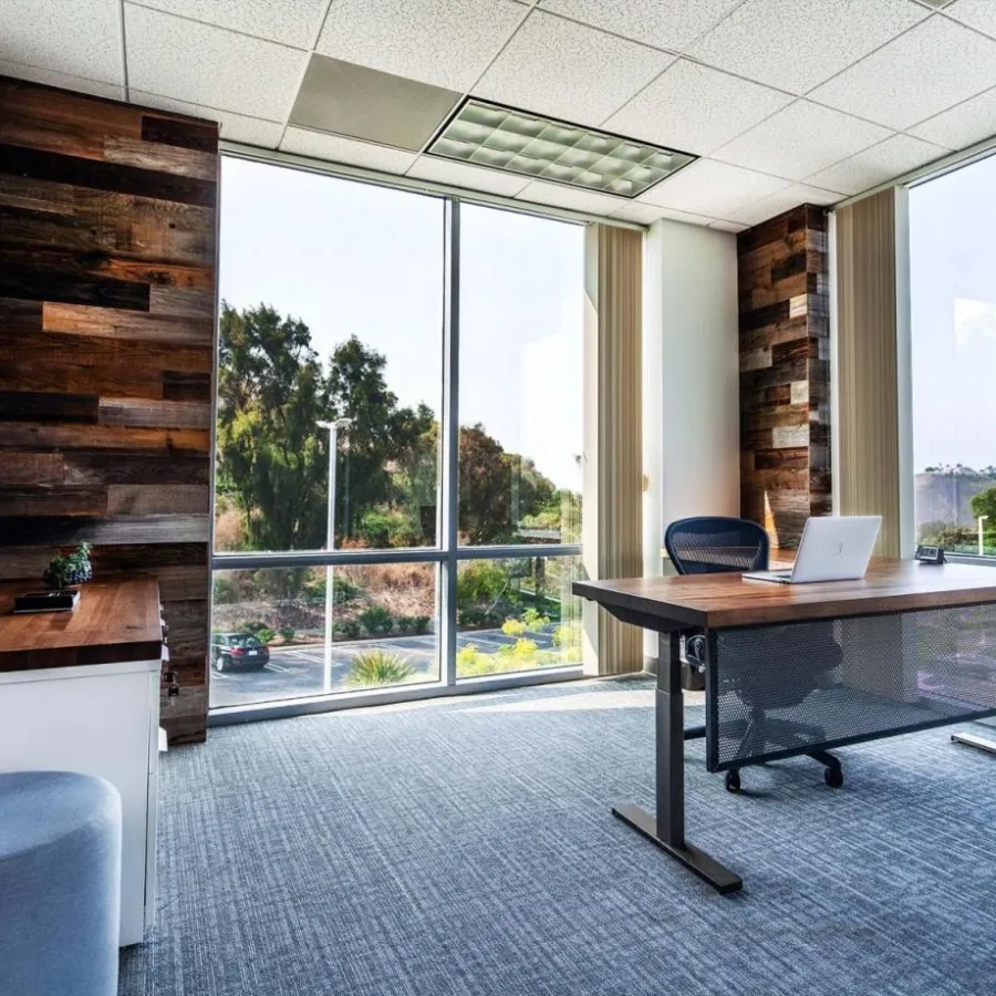 Modern office with wooden desk, mesh chair, large windows, natural light, and neutral decor overlooking greenery