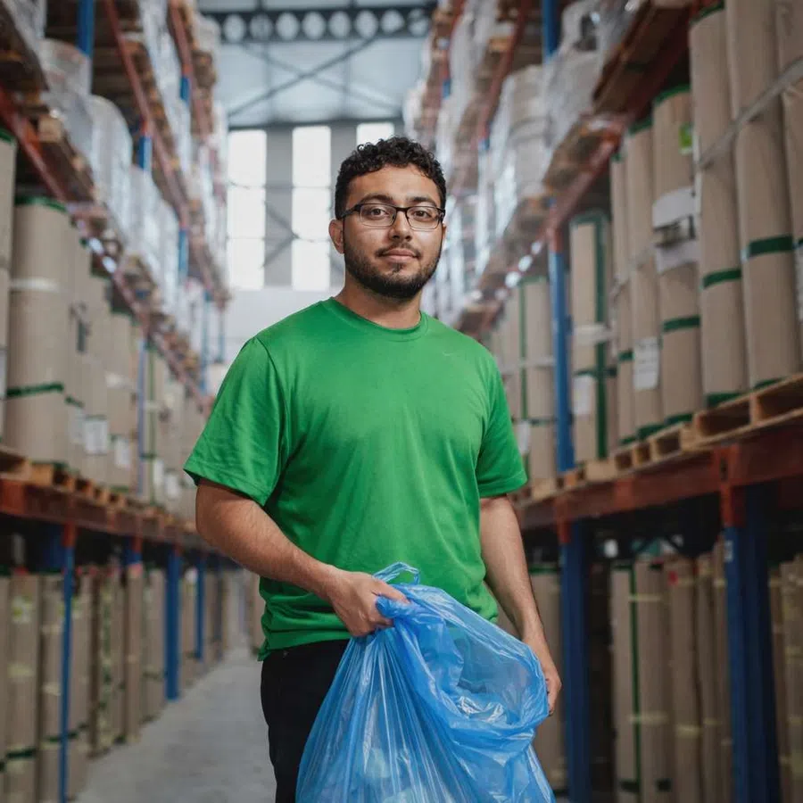 Warehouse worker in green shirt holding a blue plastic bag, standing between tall shelves with large containers.