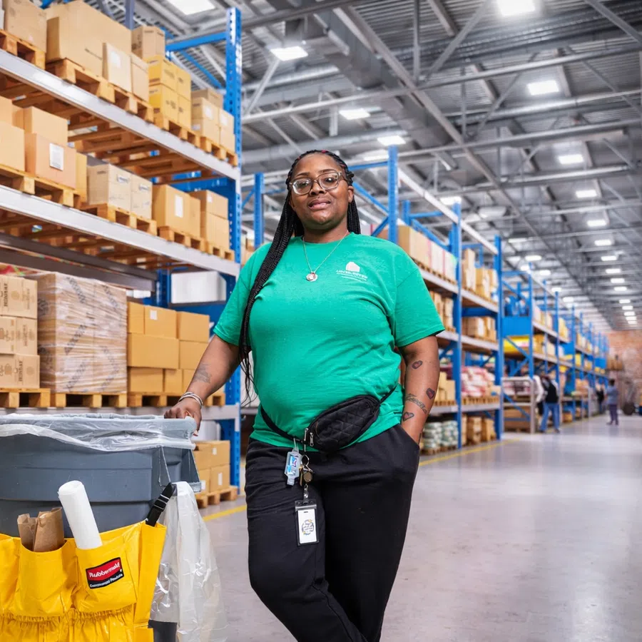 Warehouse worker in green shirt standing next to cleaning cart in aisle with shelves of boxes and supplies.