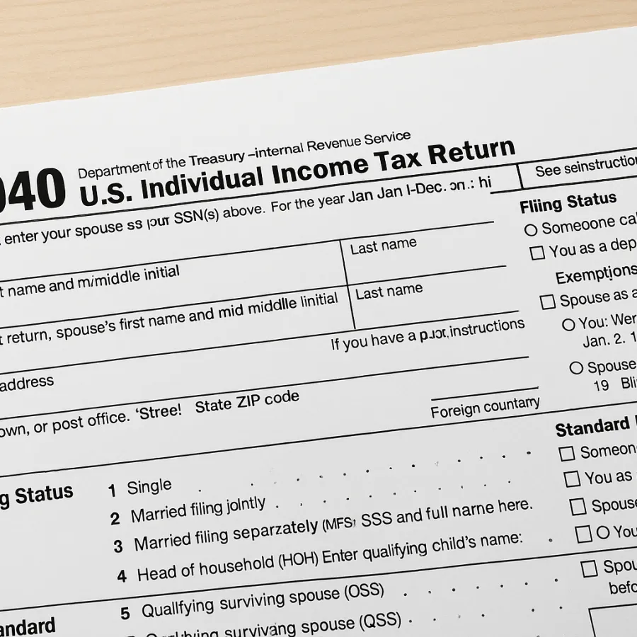 Close-up of IRS Form 1040 for U.S. Individual Income Tax Return with filing status and deduction options.