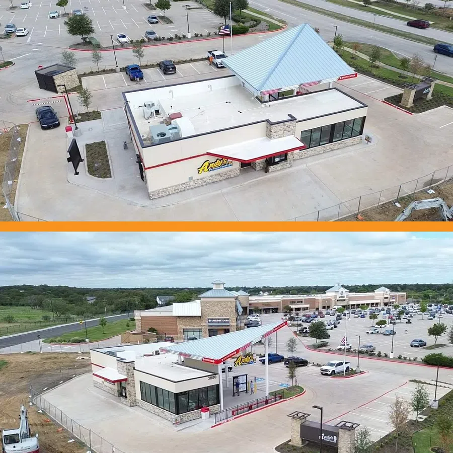 Two aerial views of a completed commercial roofing project on an Andy's Frozen Custard restaurant in Denton County, Texas, showing a white flat membrane roof on the main building and a standing seam metal roof over the drive-thru canopy, with a retail shopping center in the background.