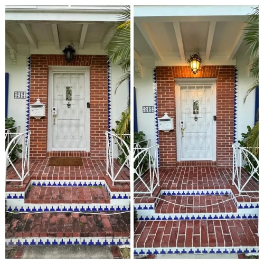 a house with a red and white staircase