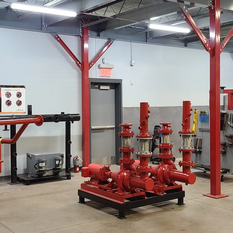 a large room with red and white machines