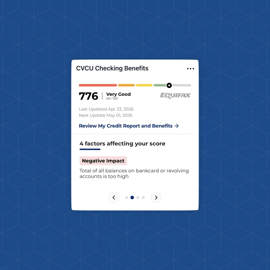 Credit score widget showing a score of 776 labeled very good with factors affecting score and Equifax branding.