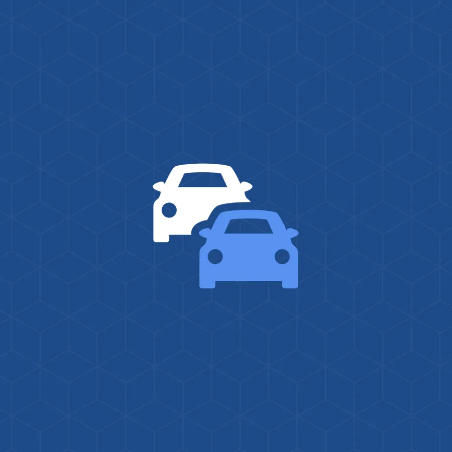 Two stylized cars, one white and one blue, on a blue geometric patterned background.