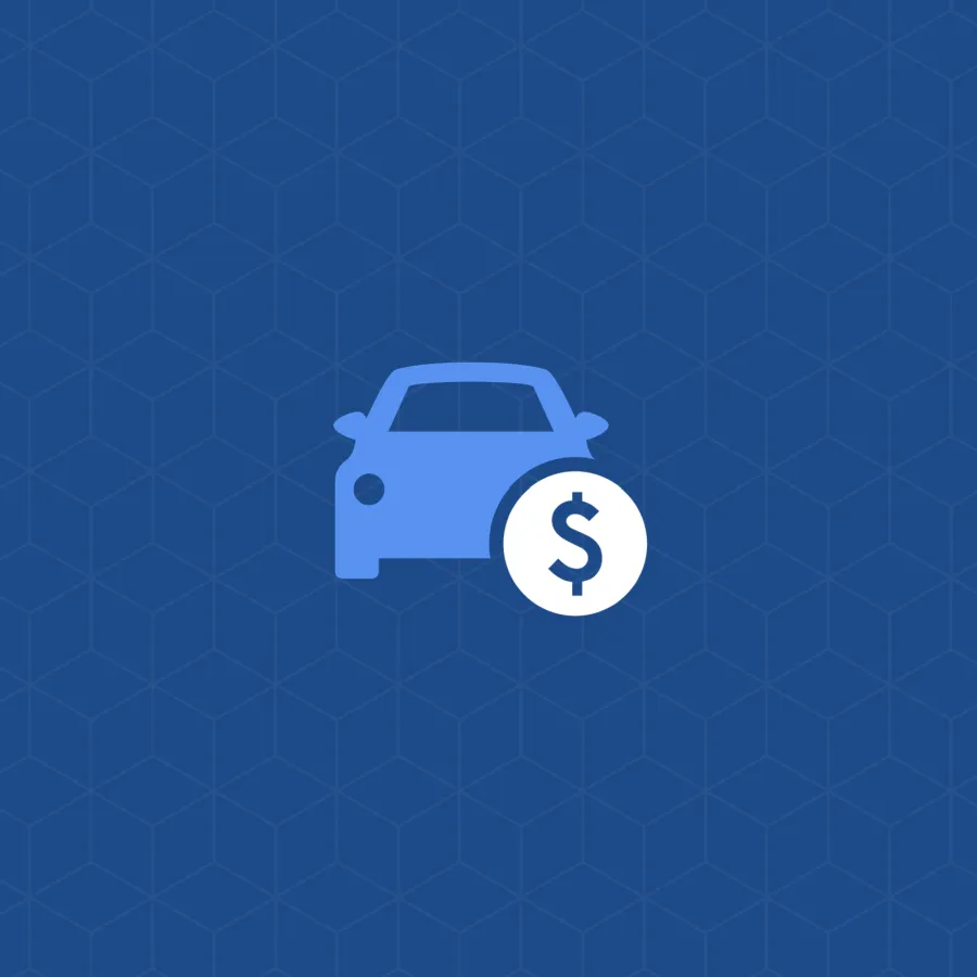 Blue car icon with a dollar sign coin on a patterned blue background symbolizing car financing or cost