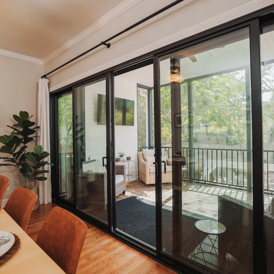 Infinity fiberglass sliding door opens onto balcony