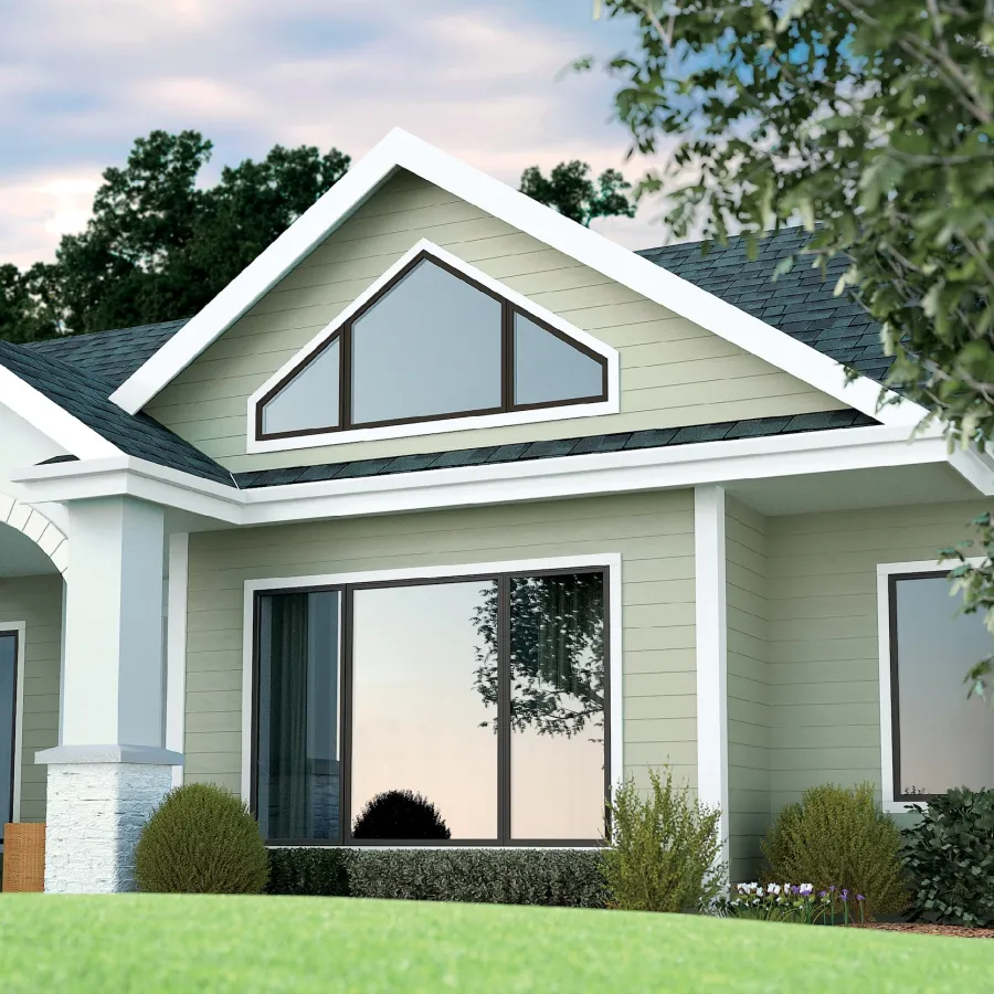 Rendering of a house with custom fabricated special shape windows above the front windows