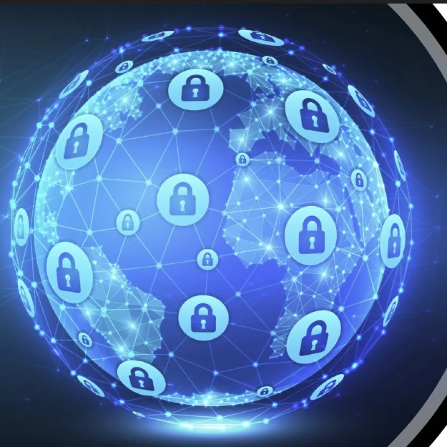 Digital globe with interconnected network and padlock icons symbolizing global cybersecurity and data protection.