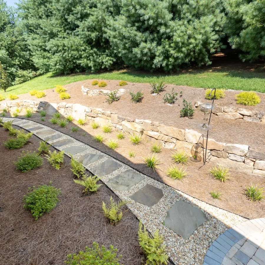 a garden with a stone path