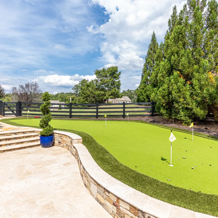 a backyard with a fence and trees