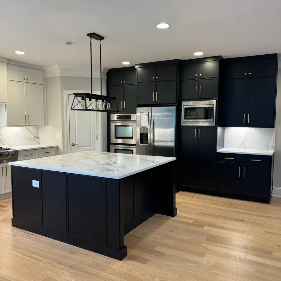 Modern kitchen with black cabinetry, marble countertops, stainless steel appliances, and light wood flooring.