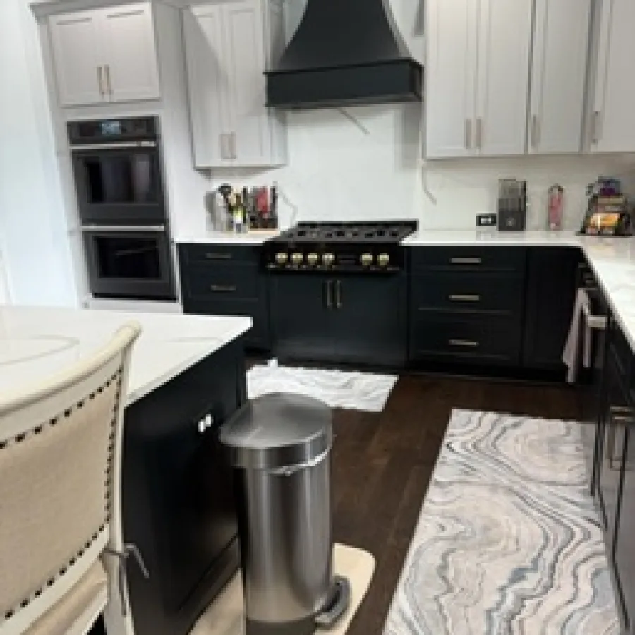 Modern kitchen with black and white cabinetry, stainless steel appliances, and a patterned area rug on dark hardwood floors