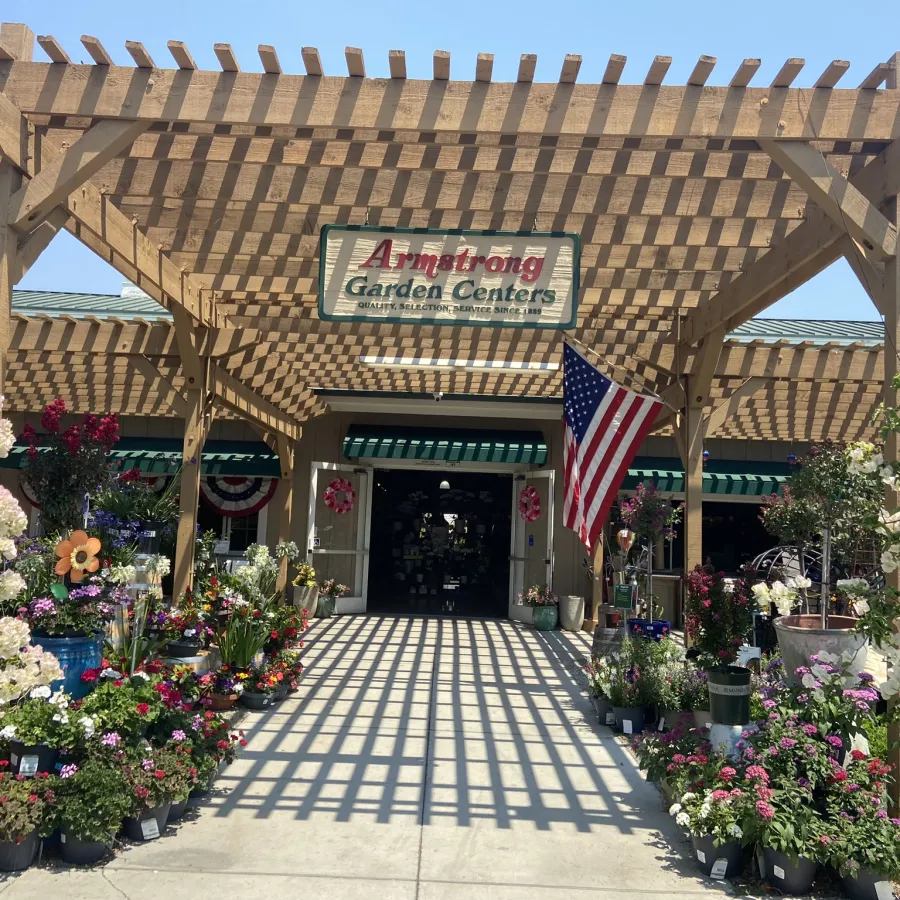 Entrance of Armstrong Garden Centers with wooden pergola, American flag, and vibrant plants on a sunny day